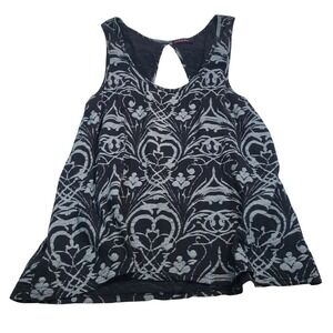 Fresh Produce Damask Scroll Tank Top Womens XL Black Blue Keyhole Back 21952 USA